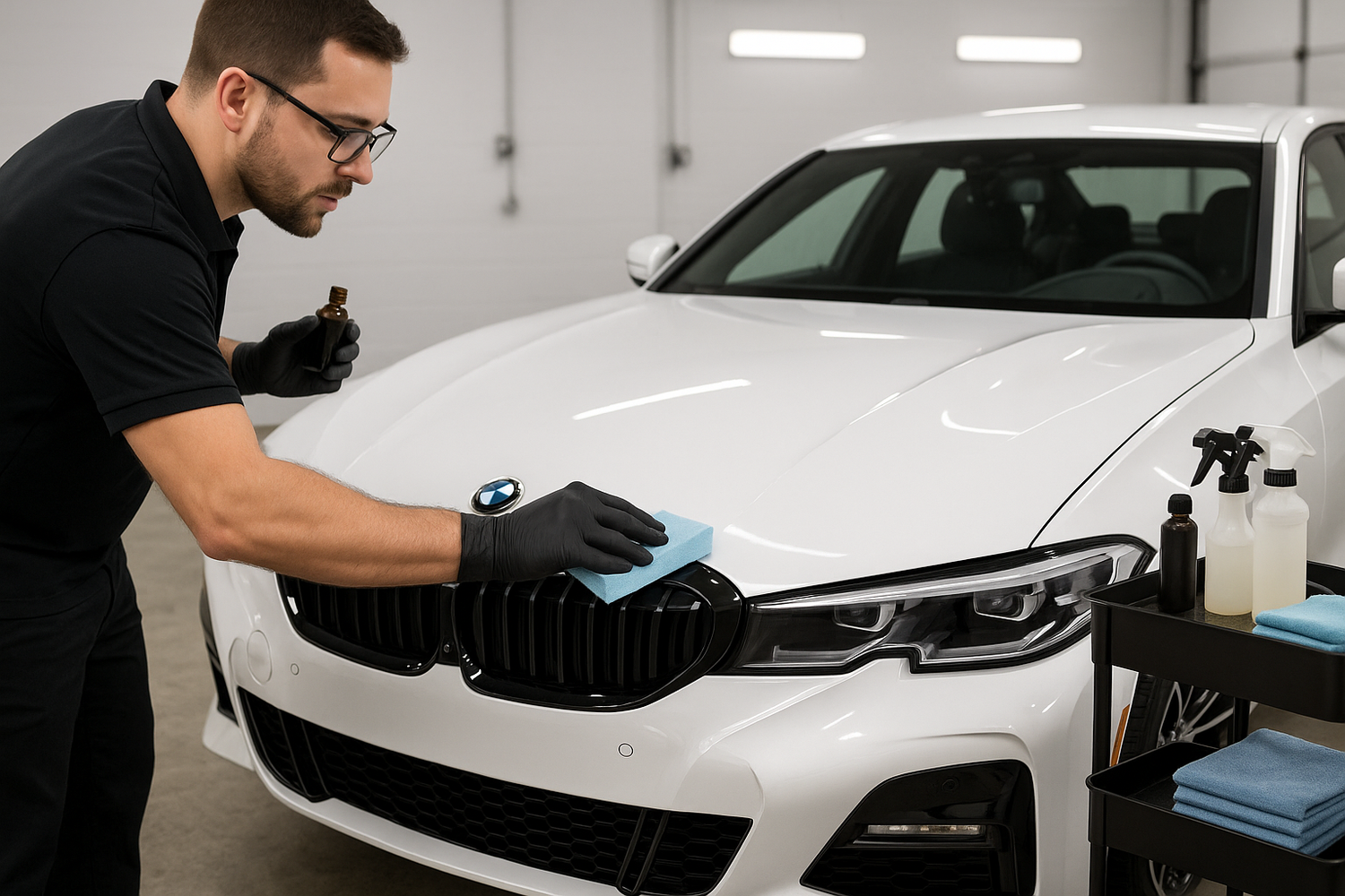 ceramic coating installation on white bmw